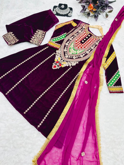Wine velvet heavy embroidery work salwar suit