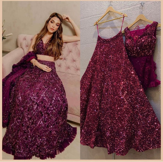Wine velvet heavy thread and sequence embroidered ruffle border wedding lehenga choli