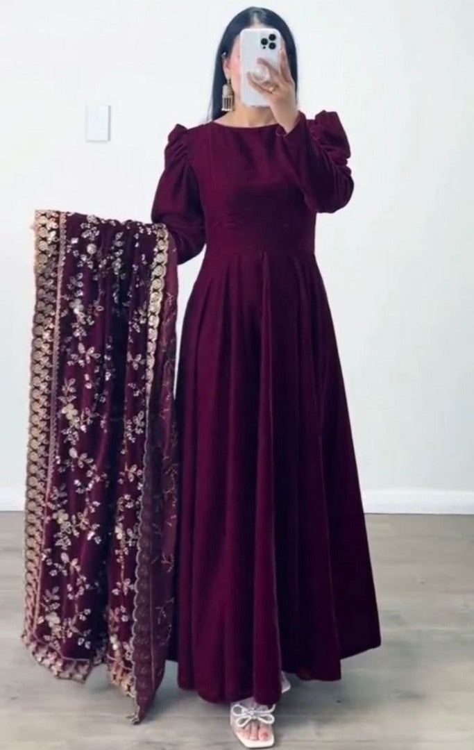 Wine velvet party wear gown with heavy dupatta