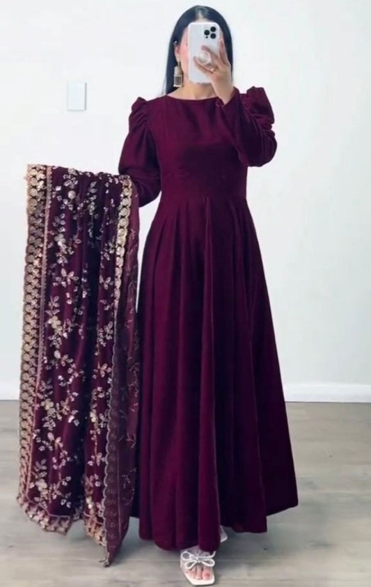 Wine velvet party wear gown with heavy dupatta