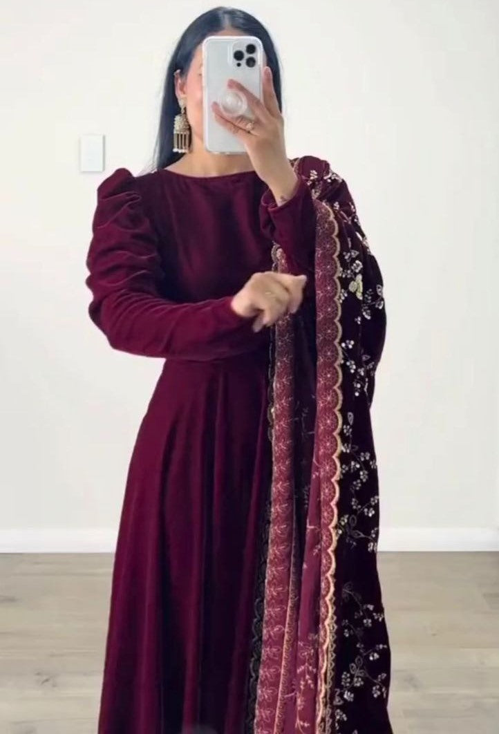 Wine velvet party wear gown with heavy dupatta
