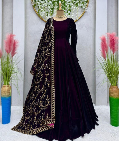 Wine velvet party wear gown with heavy dupatta