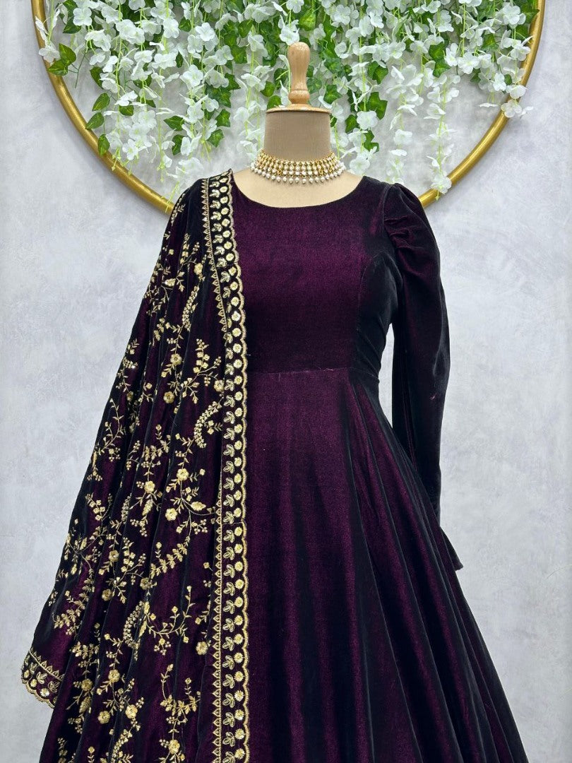 Wine velvet party wear gown with heavy dupatta