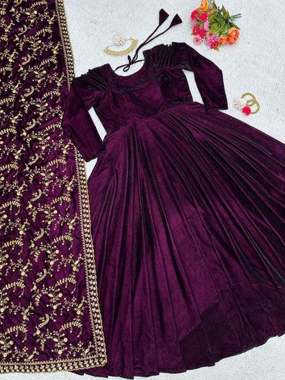 Wine velvet party wear gown with heavy dupatta