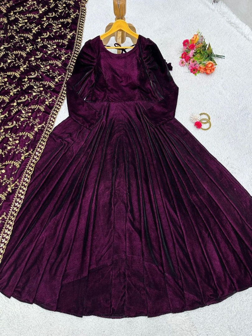 Wine velvet party wear gown with heavy dupatta