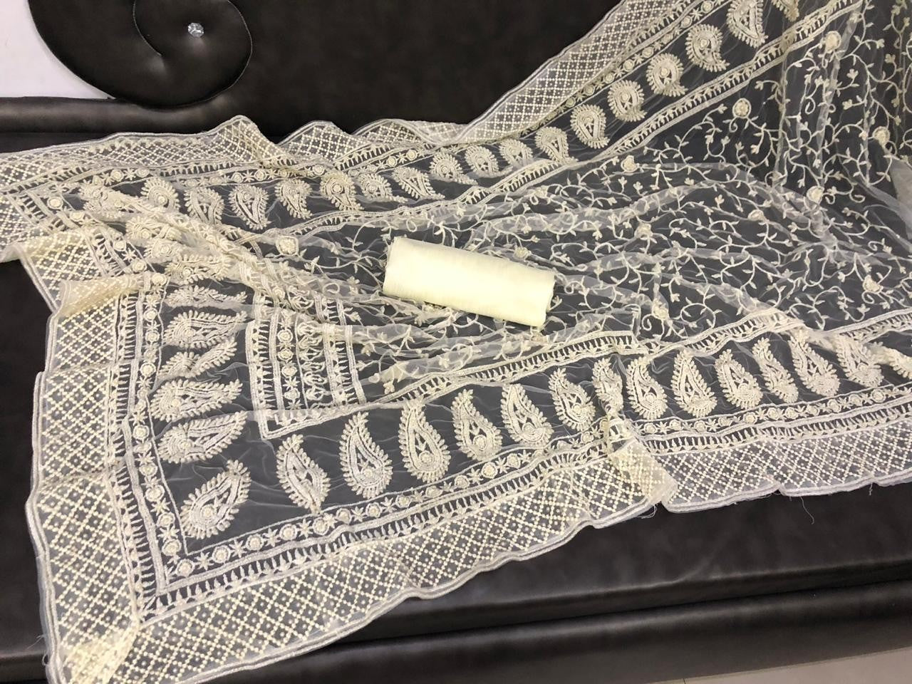 yami gautam off white net heavy embroidered threadwork and motiwork designer saree