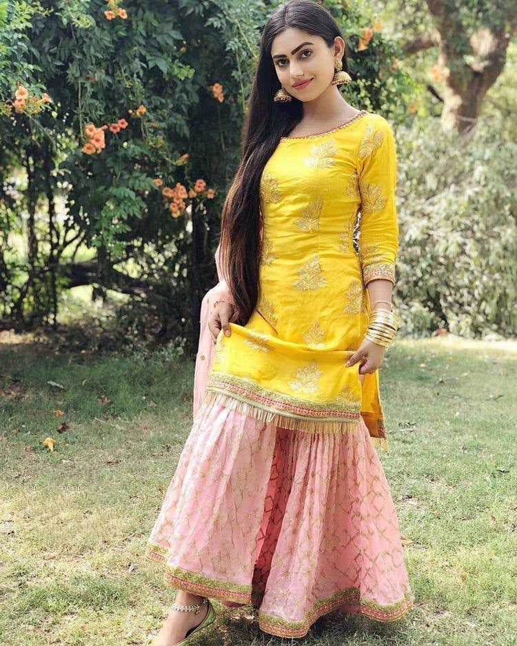 yellow and baby pink beautiful embroidered sharara salwar suit