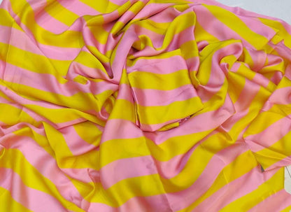 Yellow and baby pink stripe satin georgette digital printed saree