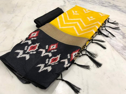 Yellow and black printed khadi silk saree