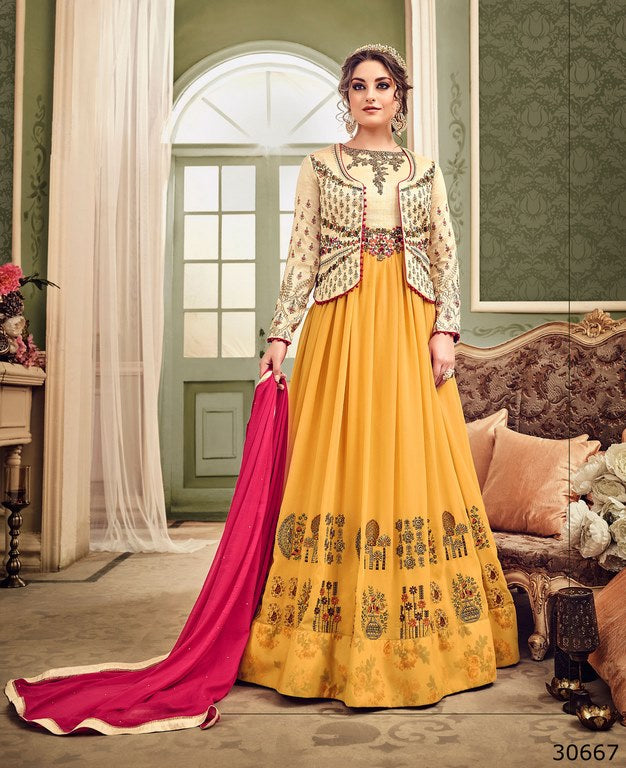 Yellow & Cream Colored Georgette & Art Silk Resham & Jari Embroidery With Stone Work Semi Stitched anarkali suit