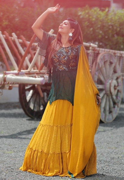 Yellow and green georgette embroidered ruffle layer lehenga with long top