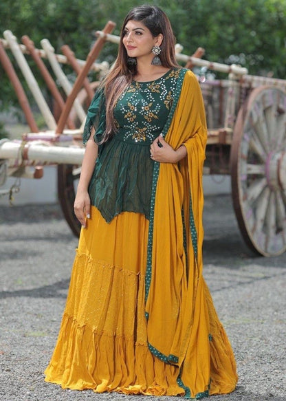 Yellow and green georgette embroidered ruffle layer lehenga with long top