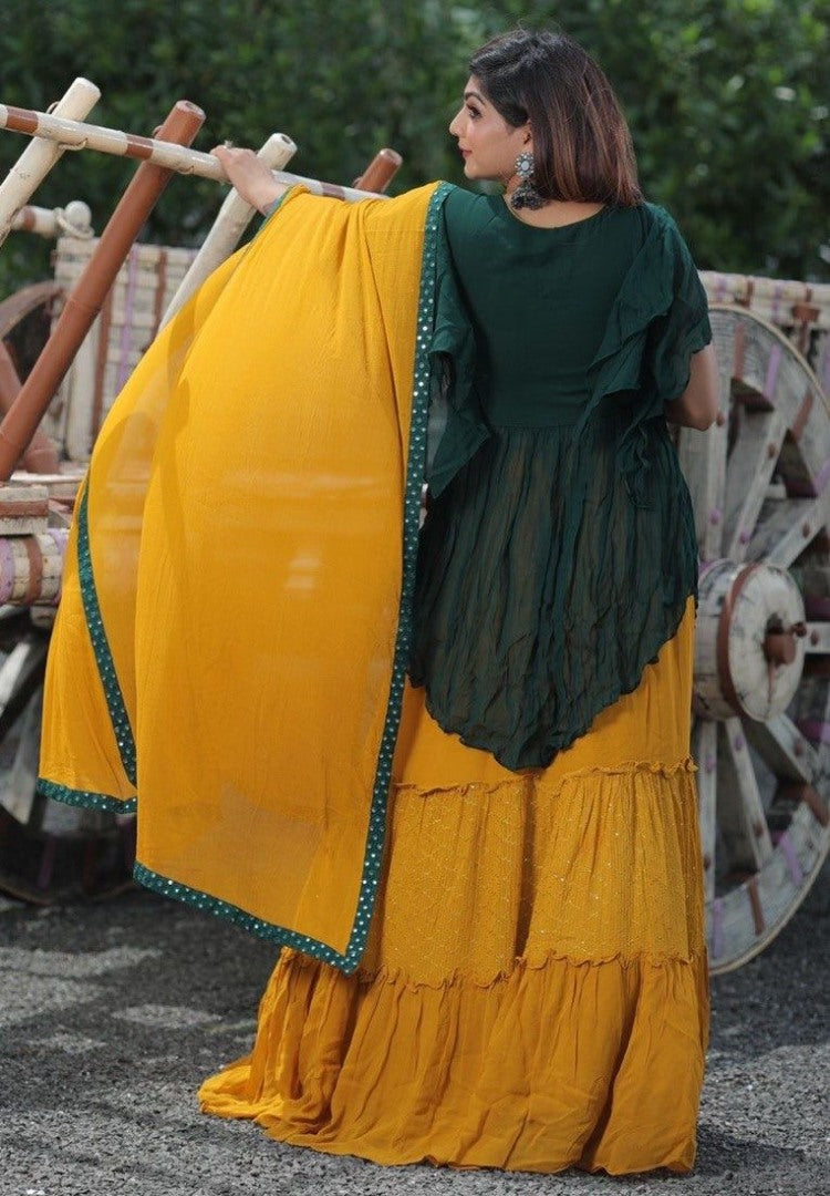 Yellow and green georgette embroidered ruffle layer lehenga with long top
