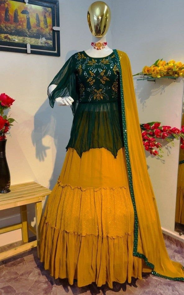 Yellow and green georgette embroidered ruffle layer lehenga with long top