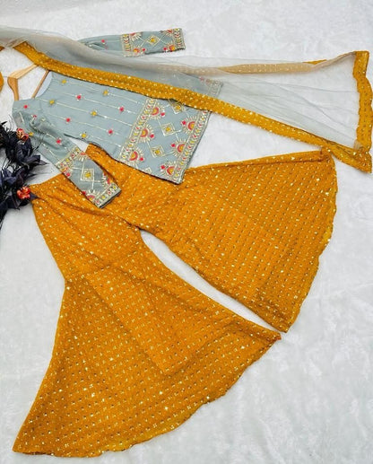 Yellow and grey sequence embroidery worked sharara suit