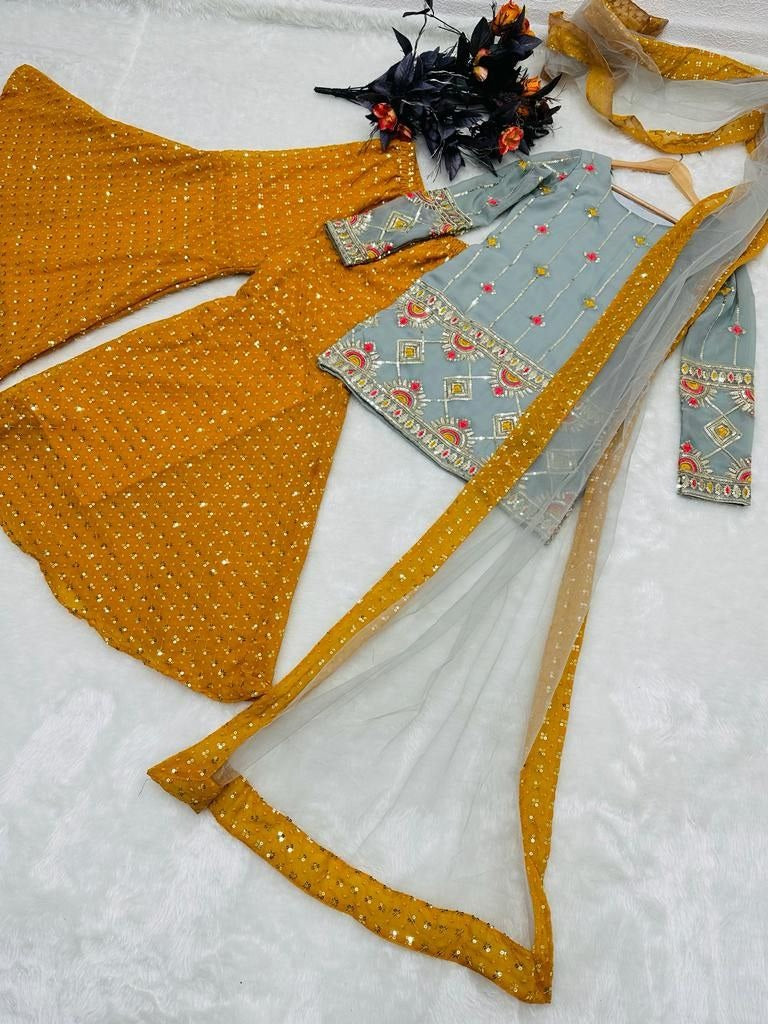 Yellow and grey sequence embroidery worked sharara suit