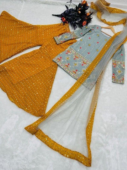 Yellow and grey sequence embroidery worked sharara suit