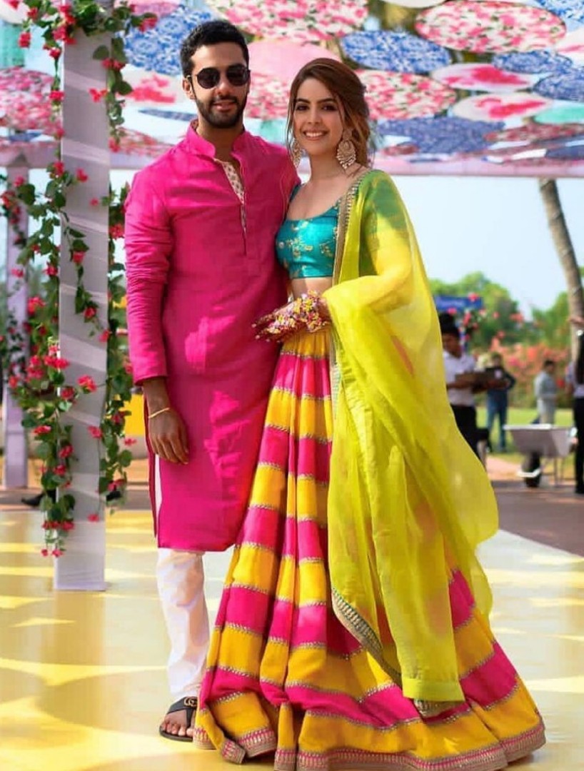 yellow and pink multicolored ceremonial lehenga