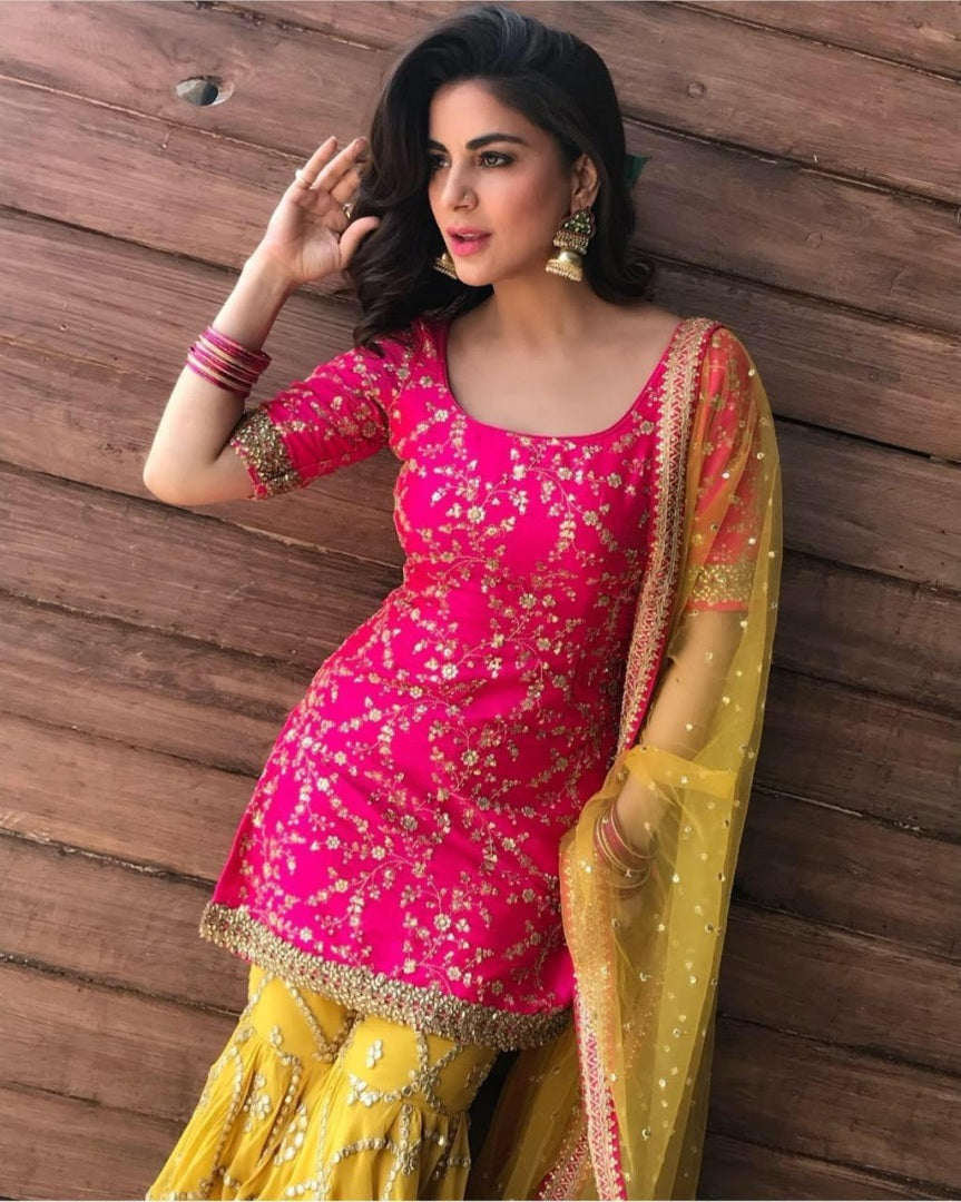Yellow and pink tapeta silk embroidered plazzo salwar suit