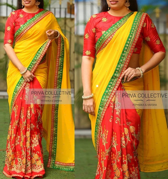 yellow and red georgette silk embroidered half half saree