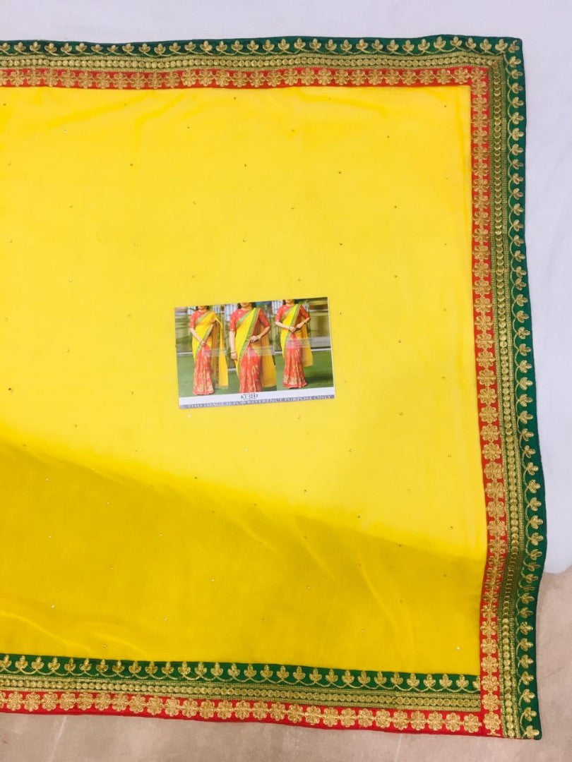 yellow and red georgette silk embroidered half half saree