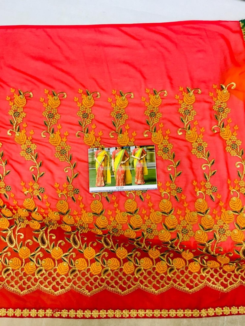 yellow and red georgette silk embroidered half half saree