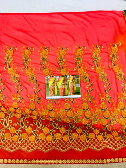 yellow and red georgette silk embroidered half half saree
