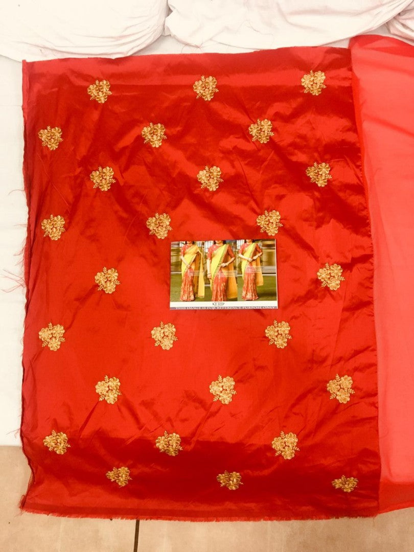 yellow and red georgette silk embroidered half half saree