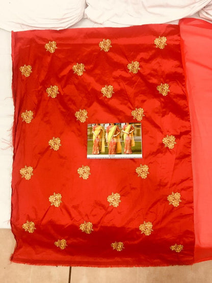 yellow and red georgette silk embroidered half half saree
