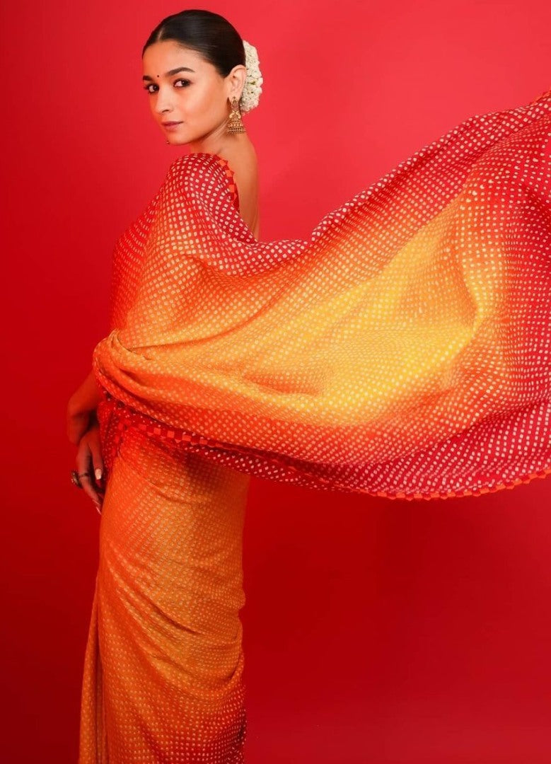 Yellow and red satin silk digital printed saree