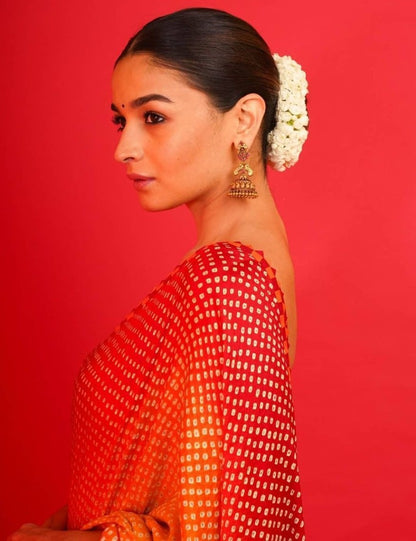 Yellow and red satin silk digital printed saree