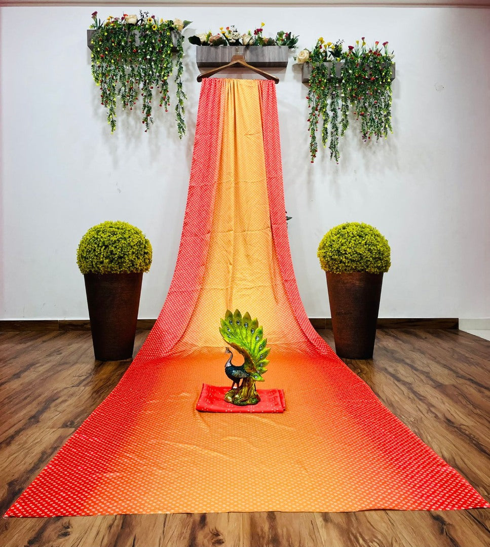 Yellow and red satin silk digital printed saree