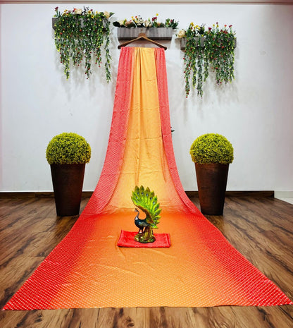 Yellow and red satin silk digital printed saree