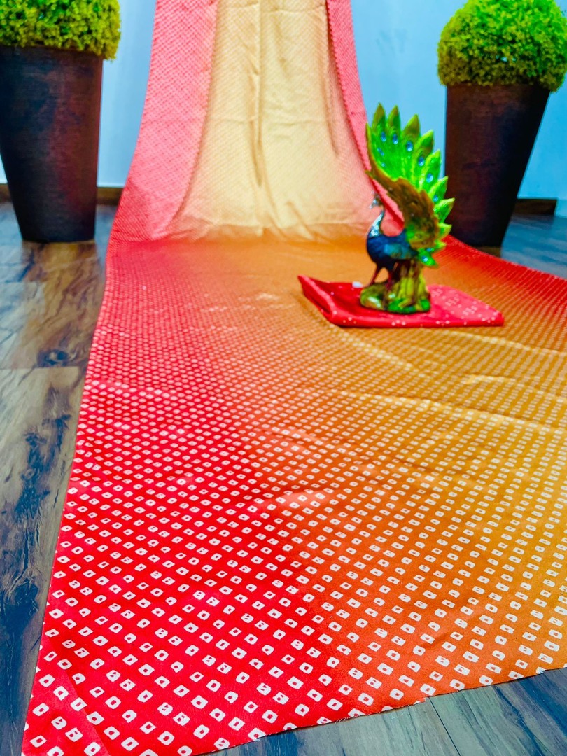 Yellow and red satin silk digital printed saree