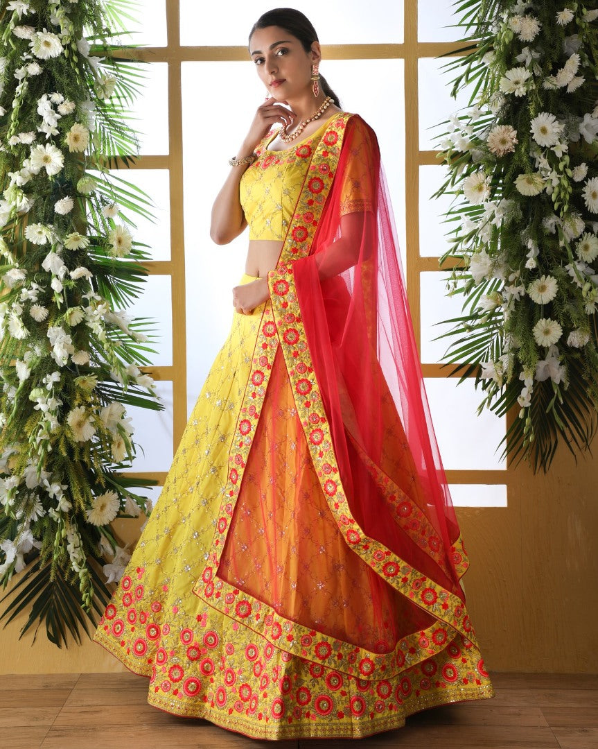 Yellow art silk sequence thread embroidered bridal lehenga choli