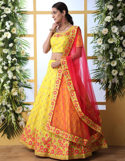 Yellow art silk sequence thread embroidered bridal lehenga choli