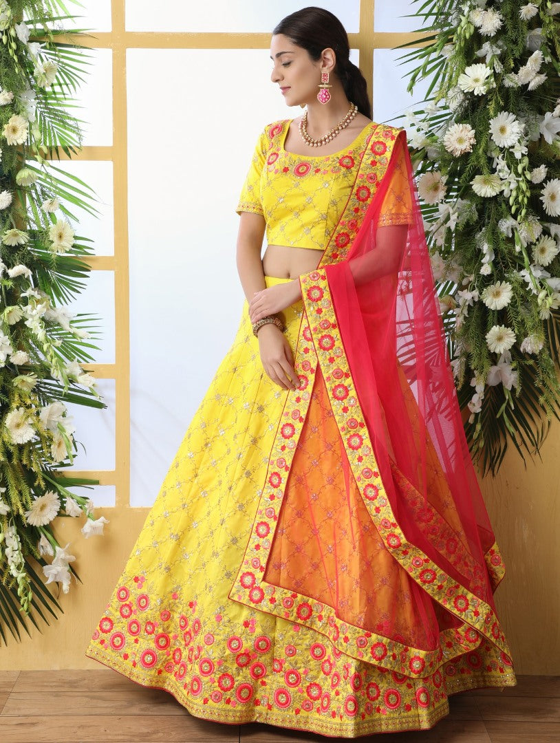 Yellow art silk sequence thread embroidered bridal lehenga choli