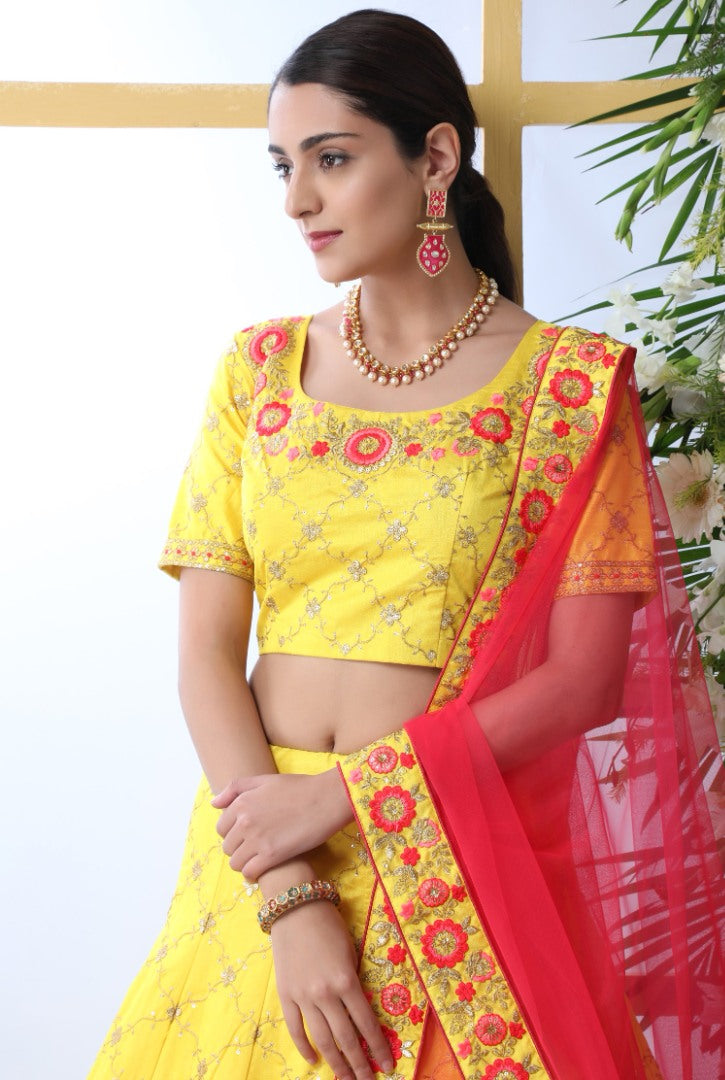 Yellow art silk sequence thread embroidered bridal lehenga choli