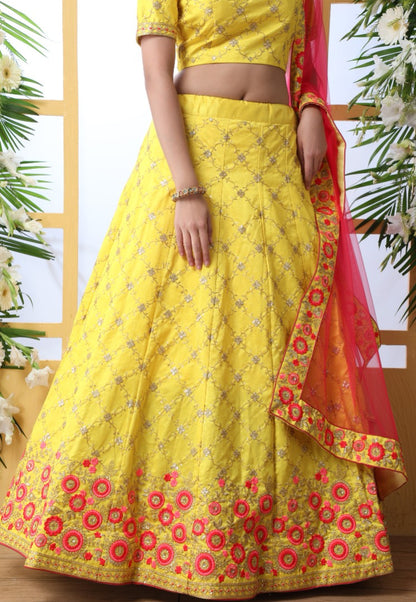 Yellow art silk sequence thread embroidered bridal lehenga choli