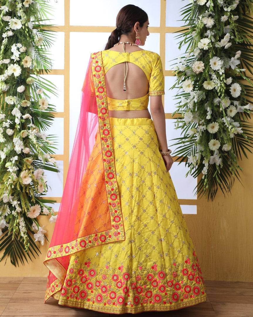 Yellow art silk sequence thread embroidered bridal lehenga choli