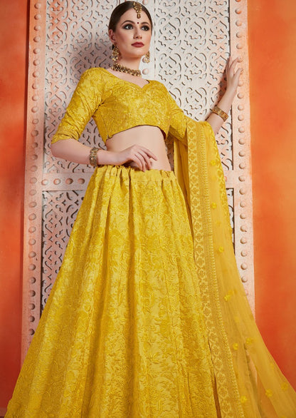Yellow art silk thread work party wear & bridal lehenga choli