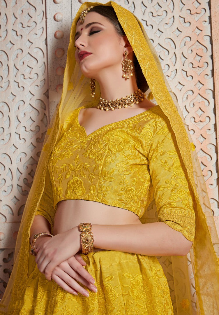 Yellow art silk thread work party wear & bridal lehenga choli