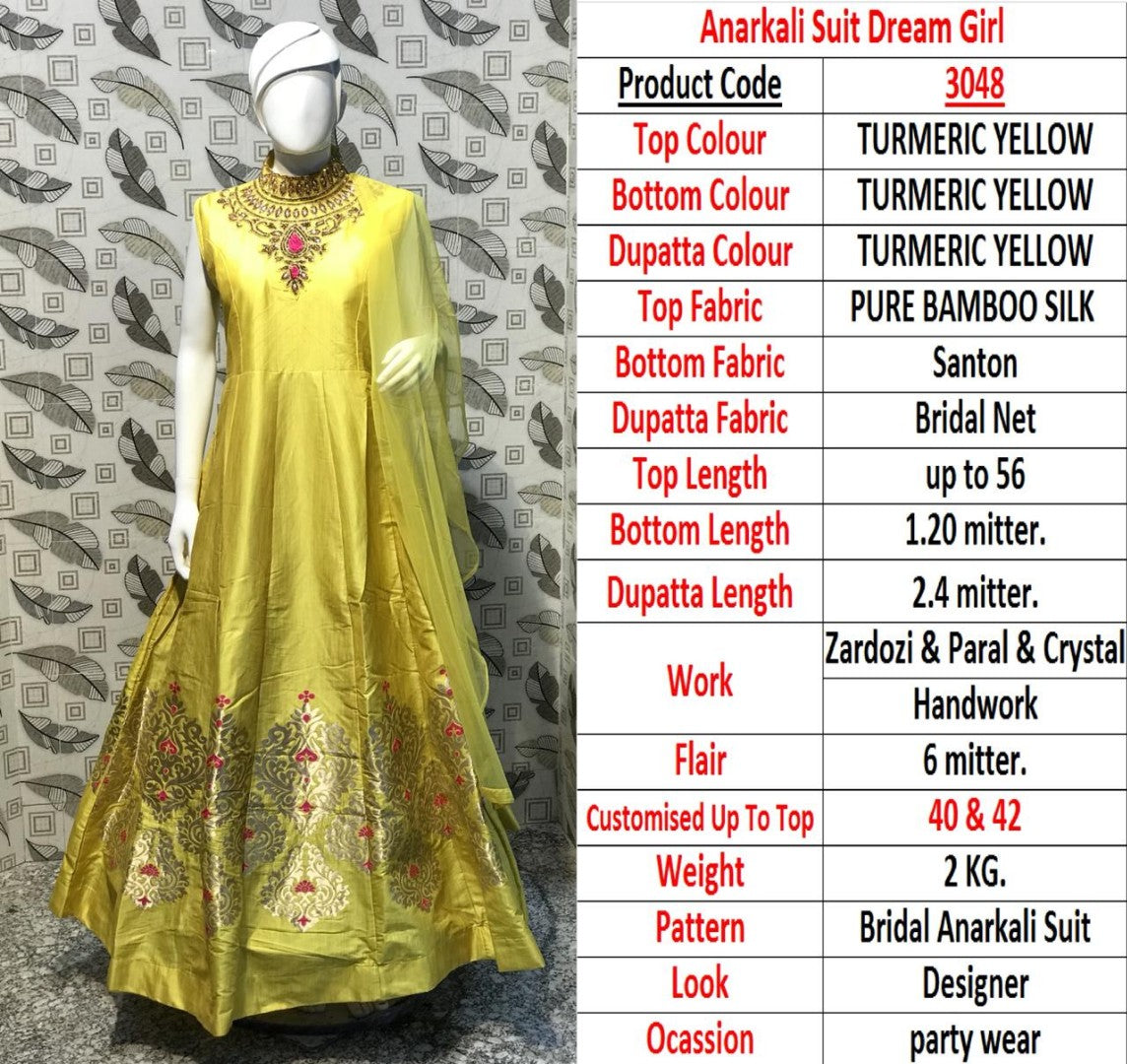 yellow bamboo silk jardoshi pearl and crystal work wedding gown