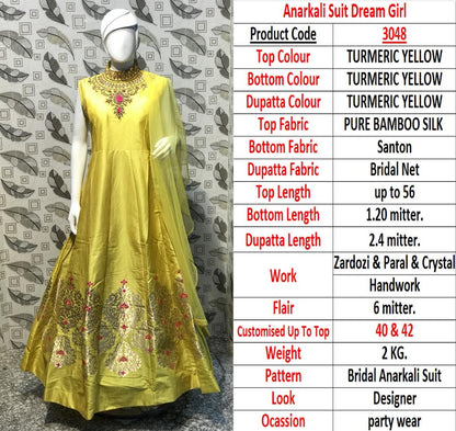yellow bamboo silk jardoshi pearl and crystal work wedding gown