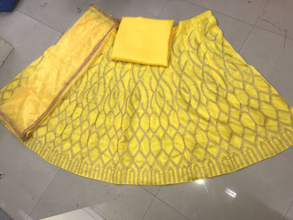 yellow bangalory satin embroidered bollywood style lehenga choli