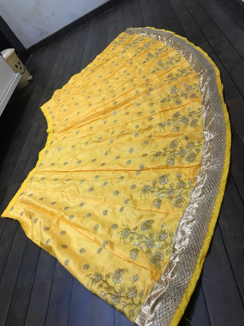 yellow banglori satin embroidered ceremonial lehenga