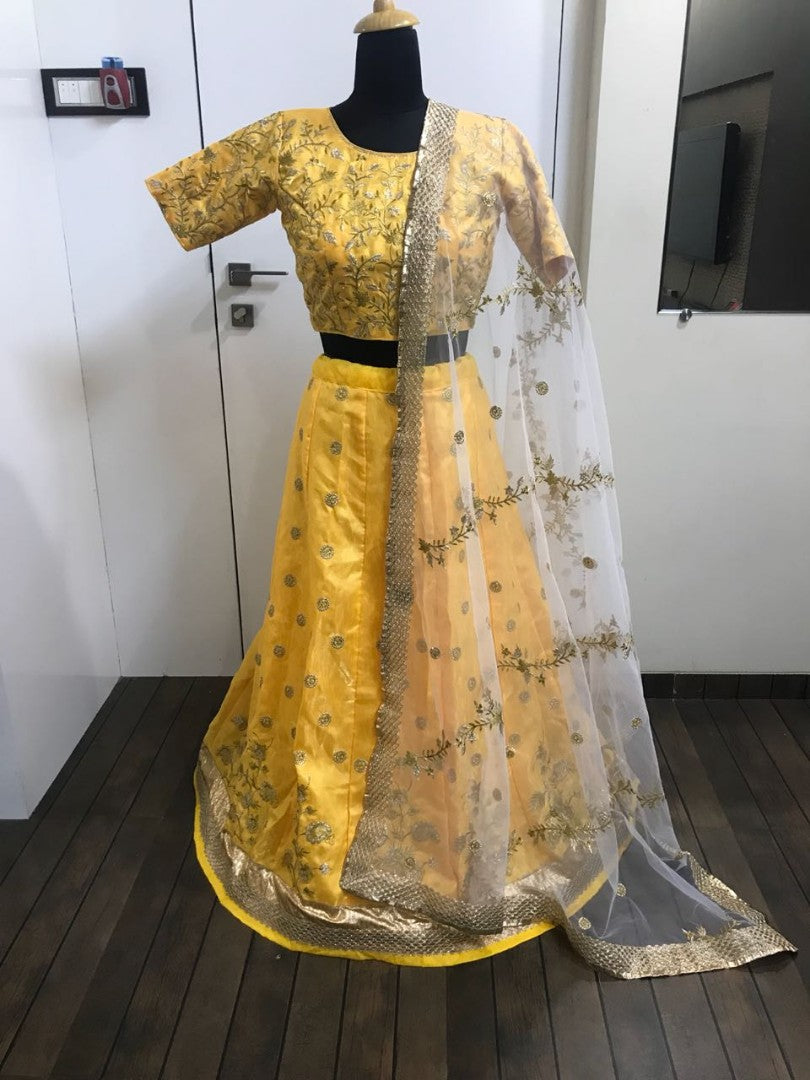 yellow banglori satin embroidered ceremonial lehenga