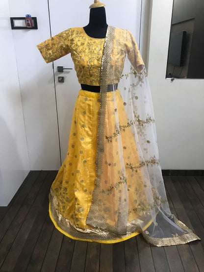 yellow banglori satin embroidered ceremonial lehenga