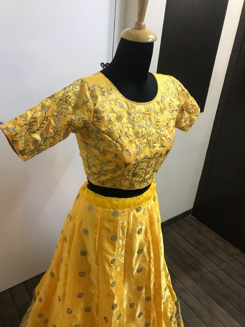 yellow banglori satin embroidered ceremonial lehenga