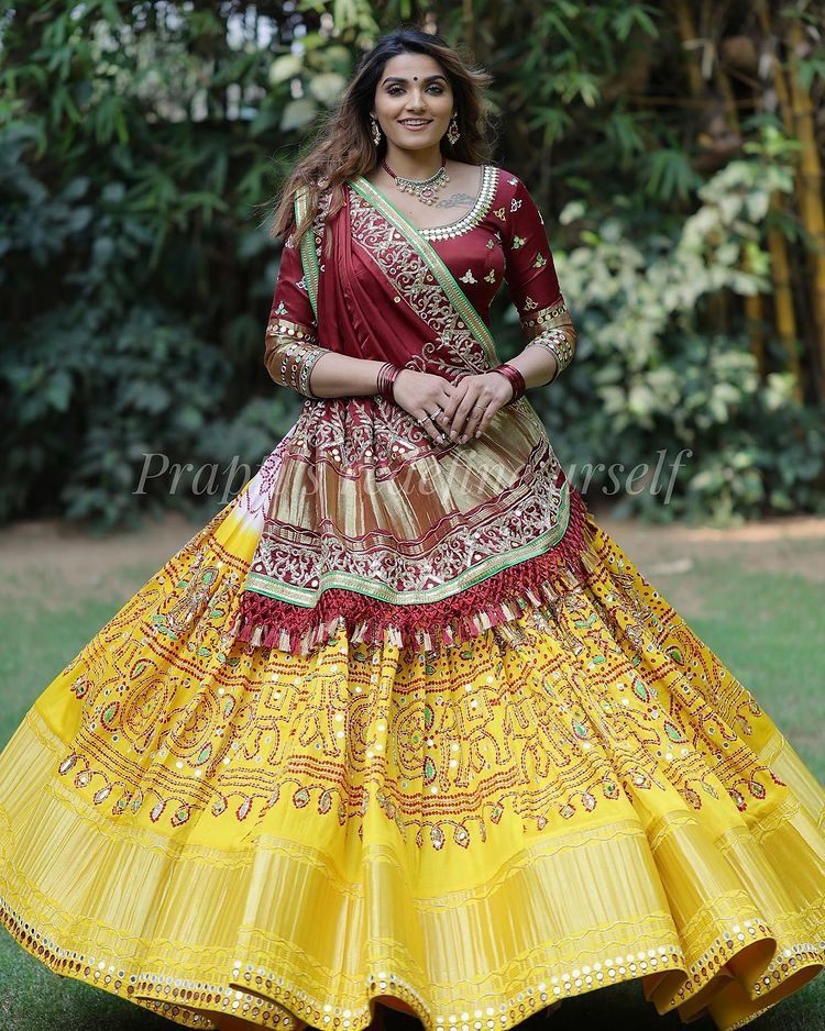 Yellow butter silk digital printed real mirror work lehenga choli